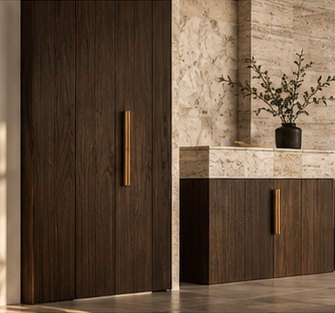 Concept of a smoked oak cabinet with a bronze handle and a travertine countertop