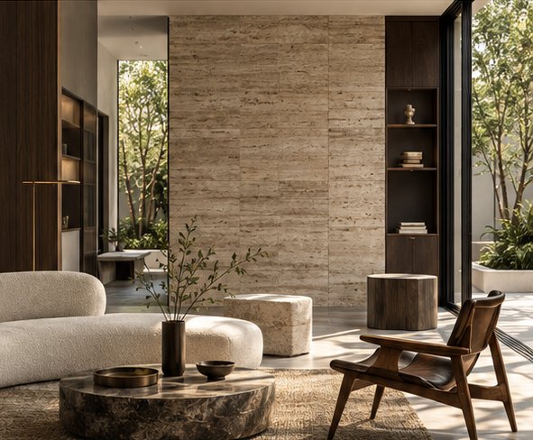 Concept living room with a travertine wall, dark oak joinery, a cream sofa and a round marble table