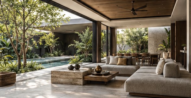Concept of an open living space with an oak ceiling, shaded terrace, tropical garden and pool